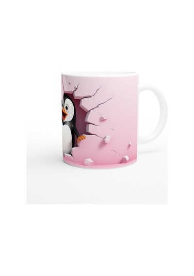 Pembe Duvarı Delen Neşeli Penguen Temalı Baskılı Kupa Bardak Renkli