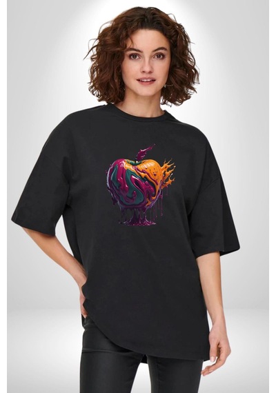 Yağlı Boya Elma Pamuklu Bisiklet Yaka Unisex Oversize Boyfriend Dijital Baskılı Siyah T-shirt Siyah
