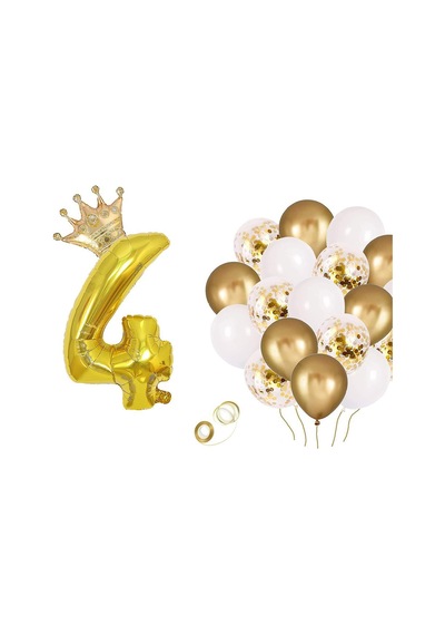 4 Rakam Gold Folyo Balon, Kral Tacı Ve Konfetili Gold Balon