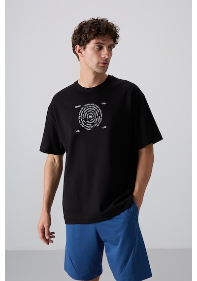 Tommy Life Siyah - Beyaz Pamuklu Kalın Yumuşak Dokulu Oversize Fit Baskılı Erkek T-shirt - 88324 Siyah - Beyaz