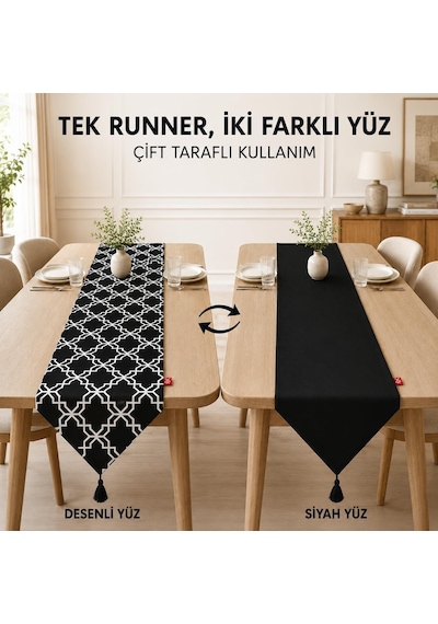 Tr Tek Runner İki Farklı Yüz, Çift Taraflı Kullanım 45 X 150 Cm, Desenli Ve Düz İki Yüzlü Runner, Püsküllü Diğer