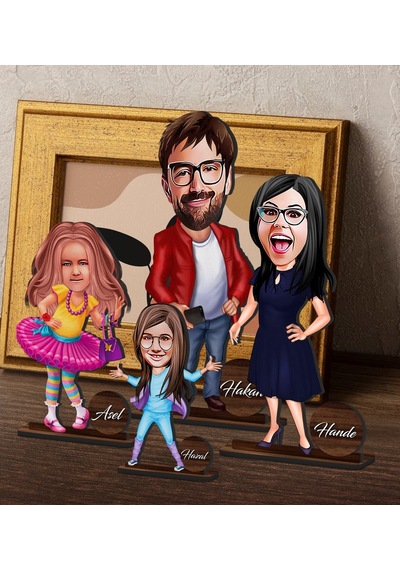 Bk Gift Kişiye Özel 4 Lü Aile Karikatürlü Ahşap Biblo Seti Model-2