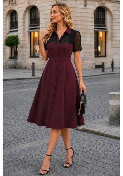 Butik İstanbul Kadın Kısa Kollu Yakalı Önden Düğmeli Midi Ithal Krep Elbise Bordo