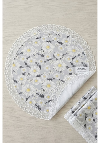 Yuvarlak Runner 60 Cm Masa Örtüsü Dekoratif Papatyalı Ranır Çok Amaçlı Şık Örtü Gri
