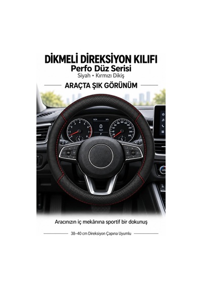 Trobus Audi A6 2019-2025 Uyumlu Dikmeli Direksiyon Kılıfı Perfo Düz Siyah Kırmızı Dikiş Siyah - Kırmızı Dikiş