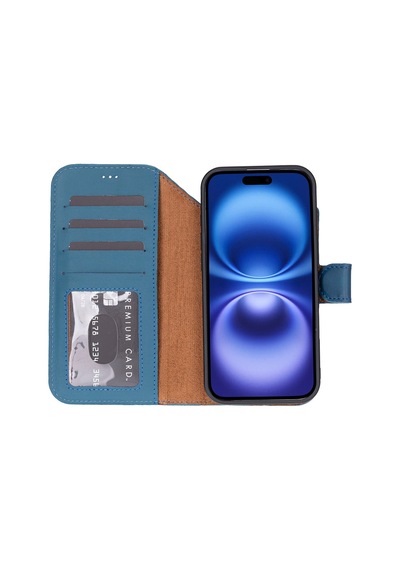 Bloomcase Magic Wallet Midnight Blue Hakiki Deri Apple Uyumlu iPhone 17air 6.5" Cüzdanlı Telefon Kılıfı Mavi