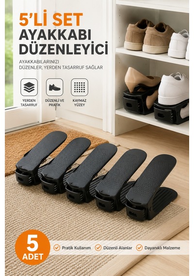 Ayarlanabilir Ayakkabı Rampası 5'li Set Dolap İçi Ayakkabı Düzenleyici Organizer Siyah