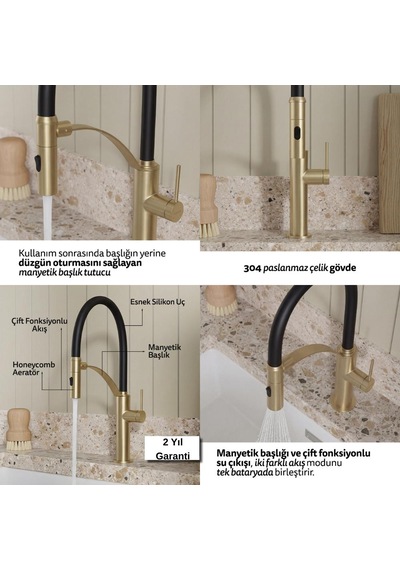 Deante Corda C72m Mutfak Armatürü, Hareketli Başlık, Flex Model, Bronz Renk Bakır