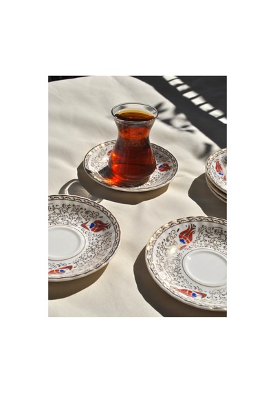 6'lı Porselen Çay Tabağı Altın İşlemeli Kırmızı Lale Gold 12 Cm Çay Tabak Seti -redlal Kırmızı Gold