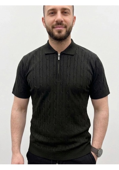 Erkek Yazlık Triko Dokuma Tişört Kısa Kol Bisiklet Yaka Örgü Desenli T-shirt - Bej