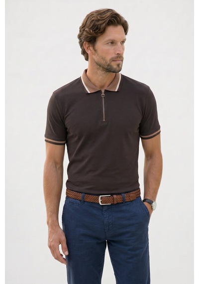Tudors Erkek Slim Fit Dar Kesim %100 Pamuk Kısa Kollu Yarım Fermuarlı Kahverengi Polo Yaka Tişört-50746