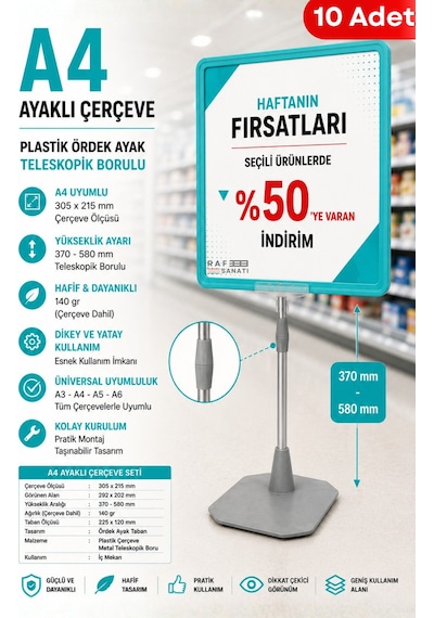 10 Adet - A4 Ayaklı Fiyat Etiketlik Teleskopik Borulu Çerçeve Etiketlik Yönlendirme Levhası Menü Panosu Turkuaz