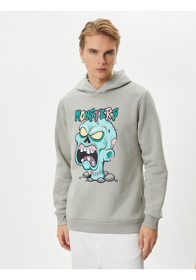 Koton Canavar Baskılı Hoodie Rahat Kesim Uzun Kollu Ribanalı Gri 4wam70430mk Gri