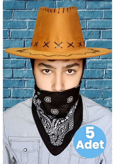 Uniquetrenders Çocuk Unisex Bandanalı 5'li Nubuk Kovboy Şapkası 8-14 Yaş Taba 3
