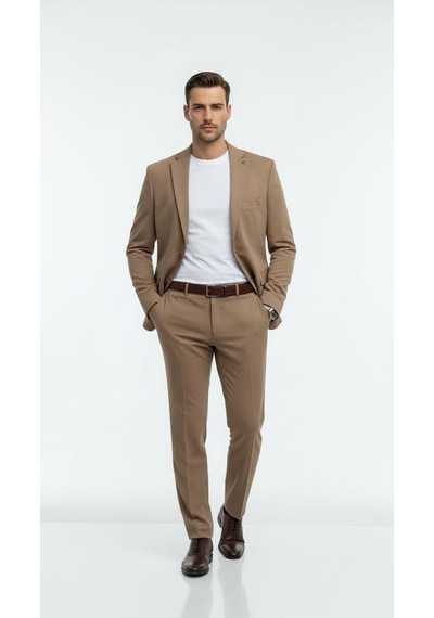 Erkek Slim Fit Mikro Dokulu Takım Elbise Çift Düğmeli Modern Kesim Vizon