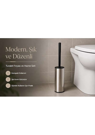 Lexroo Krom Klozet Fırçası, Paslanmaz Görünümlü Tuvalet Fırçası, Siyah Saplı Modern Wc Fırçalık
