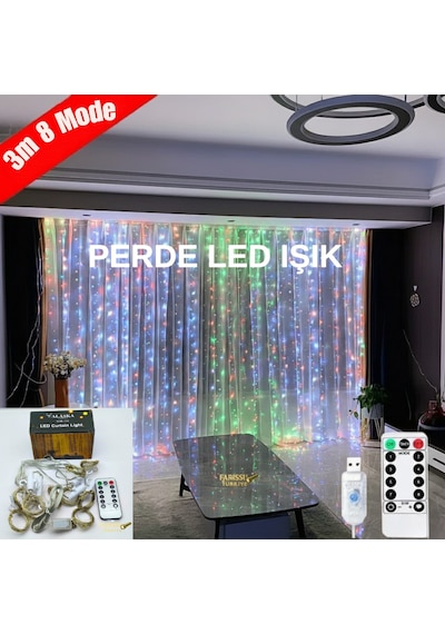 3x3 Metre 305 Led'li 8 Fonksiyonlu Kumandalı Gökkuşağı Perde Led Işık RGB