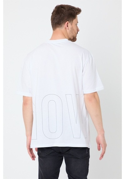 Comeor Erkek Beyaz Baskılı Basic Oversize Bisiklet Yaka Kısa Koll Beyaz