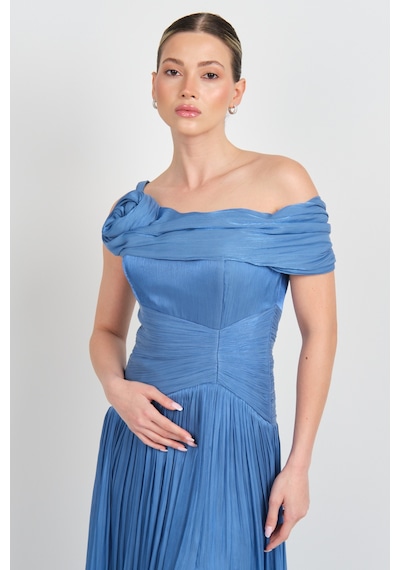 Mor Sposa Kadın Tek Kol Detaylı Derin Yırtmaçlı Şifon Abiye Elbise W0182 Indigo İndigo
