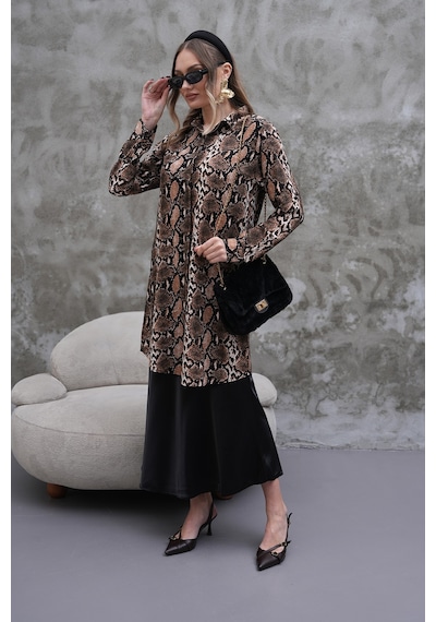 Polologin Butik Yılan Derisi Desenli Tunik Kahverengi & Siyah