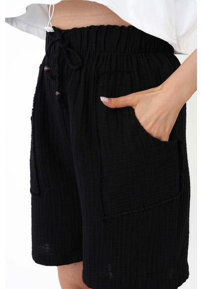 The Voler Müslin Şort Kadın Yüksek Bel Oversize Rahat Kesim Cepli %100 Pamuklu Yazlık Şort Siyah The Voler Müslin Şort Kadın Yüksek Bel Oversize Rahat Kesim Cepli %100 Pamuklu Yazlık Şort Siyah