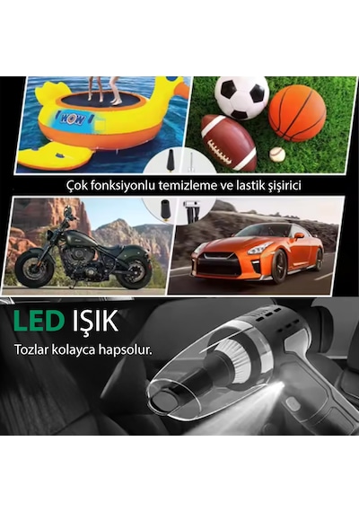 4 Fonksiyonlu Şarjlı Araç Süpürgesi Şişirme Pompası + Basınç Ölçer + Led Işık