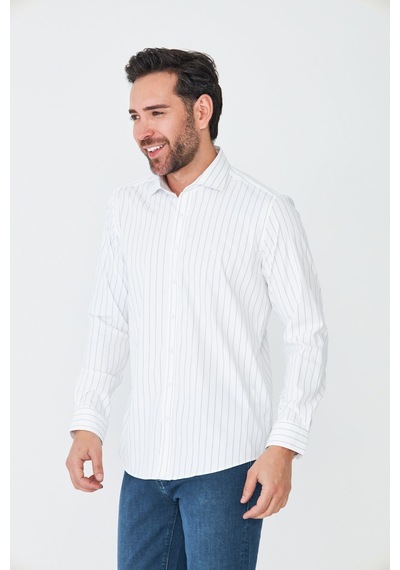 White Stone Beyaz Lacivert Çizgili Slim Fit Erkek Gömlek Beyaz-laci