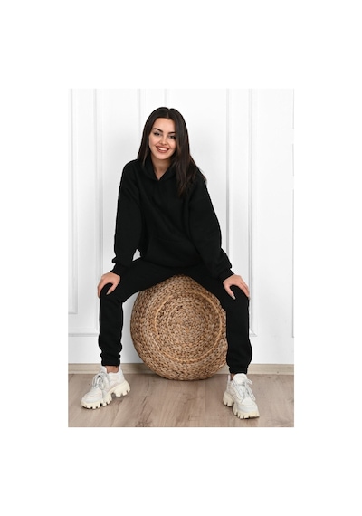 Düz Basic Eşofman Takımı Sweatshirt Jogger - Siyah Oversize Şardonlu Kapüşonlu Siyah