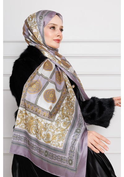 Sevitli Versace Desenli Hint İpeği Şal-lila-4533
