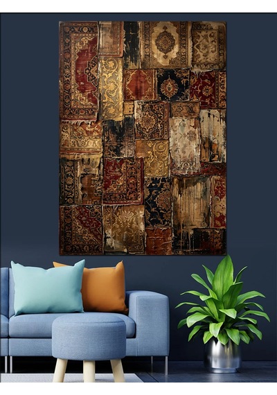 Patchwork Eskitilmiş Halı Desenleri Tablosu Dekoratif Kanvas - Mdf Ahşap Tablo Çok Renkli