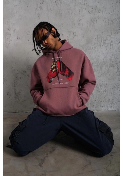 Freedom Storee Erkek Kapüşonlu Cepli Box Eldiven Baskılı 3 İplik Sweatshirt Hoodie - Gül Kurusu Çok Renkli