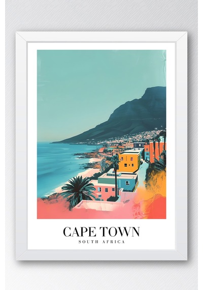 Cape Town South Africa Vintage Seyahat Posteri Çerçeveli Tablo - Premium Masa Dağı Duvar Dekoru Beyaz