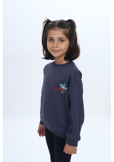 Toontoy Kız Çocuk Arka Kol Baskılı Çiçekli Sweatshirt Füme Melanj