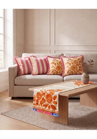 Vintage Gül Desenli Pembe Desenli Runner + 4 Lü Saçaklı Kırlent K 45 x 45