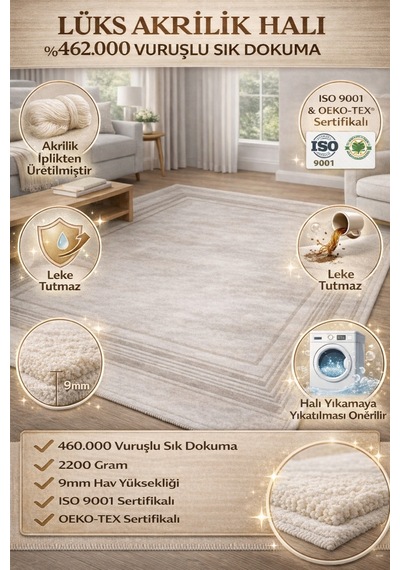 Premium Akrilik Modern Salon Halısı - Sık Dokuma Leke Tutmaz - 9mm Hav Yüksekliği Gri