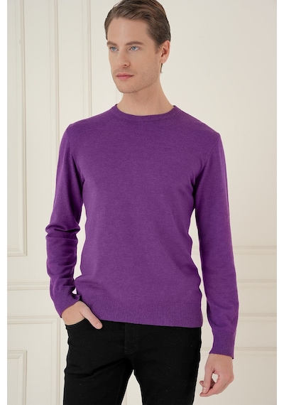 Slim Fit Ribanalı Düz Mor Yünlü Bisiklet Yaka Triko Kazak Tr 900