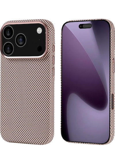 Techaks Apple Uyumlu iPhone 17 Pro Kılıf M-safe Şarj Özellikli Karbon Fiber Görünümlü Tchs Nekst Kapak - Gold Altın