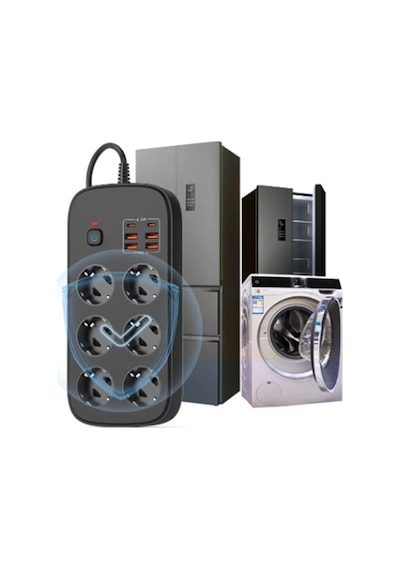 Termal Akım Korumalı 6 Lü Priz 4x Usb 2x Type-c Çıkışlı Grup Priz Çoğaltıcı 3500w Siyah 2 M