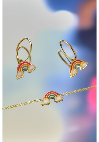 Papatya Silver 925 Ayar Gümüş Gold Kaplama Parlayan Rüya Serisi Mineli Gökkuşağı Halka Küpe ve Bileklik Set