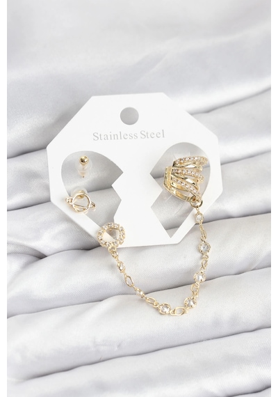 Mey İthalat Uzay Model Pirinç Gold Renk Zincir Bağlantılı Ear Cuff Küpe Seti Diğer