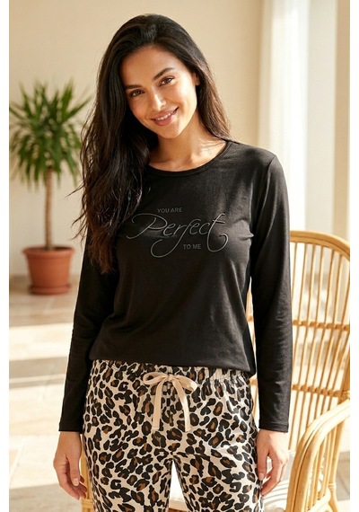 Aura Collections Kadın Desenli Bambu Viskon Uzun Kollu Soft Örme Mevsimlik Pijama Takımı Siyah