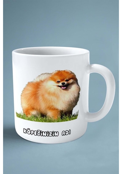 Spitz Köpek Isimli Kişiye Özel Baskılı Kupa Bardak Yeşil Çim Çok Renkli
