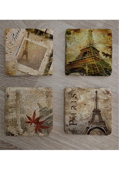 Kolaj Eyfel Ve Paris Doğal Taş Bardak Altlığı 4'lü Set - Natural Stone Coasters - Taş Çok Renkli