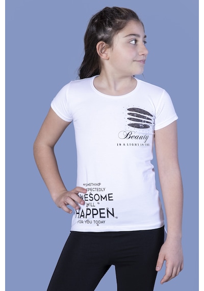 Toontoy Kids Toontoy Kız Çocuk T-shirt Göğsü Lazer Kesim Taşlı Beyaz