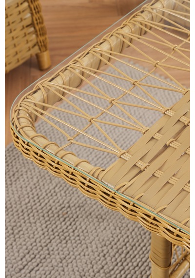 Paris Rattan Puflu Bahçe Balkon Takımı 3+1+1 Cam Masalı Cappuccino
