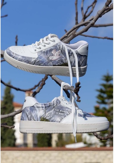 Kadın Vegan Deri Beyaz Sneakers - The Night İs Dark Tasarım Çok Renkli