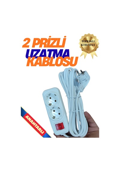 2 Prizli Grup Priz - 7 Metre Fiş Çoğaltıcı Topraklı Anahtarlı Düğmeli Çoklu Kablolu Uzatma Piriz Beyaz 6 - 8 M
