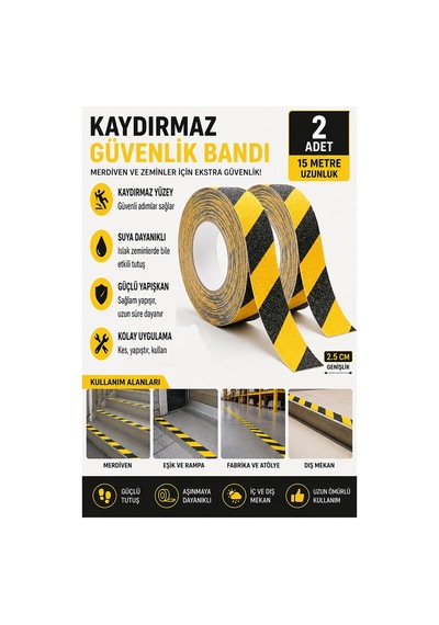 Merdiven Kaydırmaz Bant Sarı Siyah 25mm 2 Adet Mas Güvenlik Uyarı Bandı 15 Metre 2.5 Cm Yapışkanlı Basamak Mermer Beton