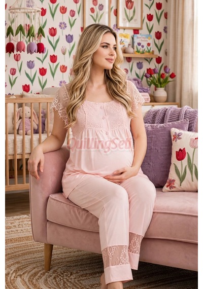 Lady Bebe Pembe Renkli Dantel Detaylı, 33200 Kısa Kol, 2 Parça Lohusa Hamile Pijama Takımı Açık Pembe