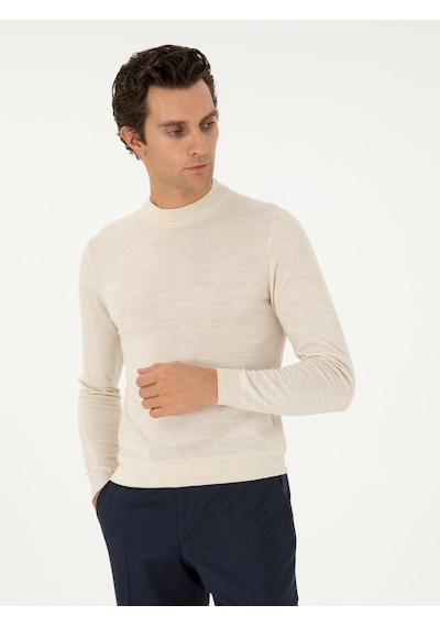 Cacharel Bej Slim Fit Yün Karışımlı Çeyrek Balıkçı Yaka Basic Triko Kazak